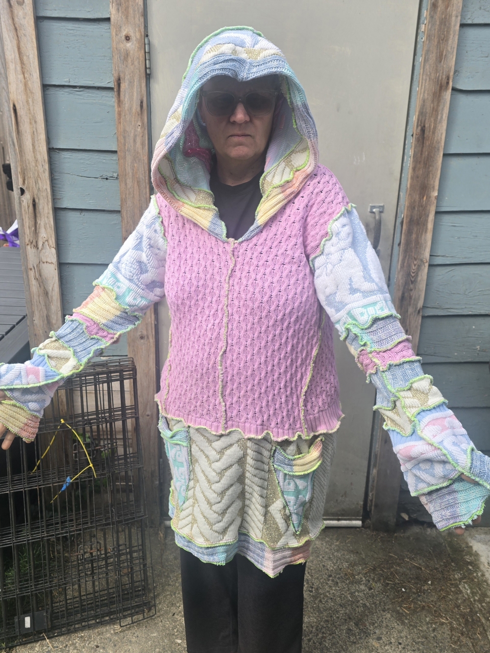 Handmade Katwise Pastel Patchwork Hooded Women's Sweater - Pink